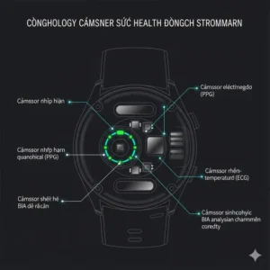 Technical graphic of a smartwatch's underside showing health monitoring sensors like ECG, skin temperature, and heart rate monitor for the best smartwatches for Android users.