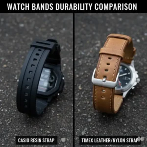 Side-by-side shot of the bands (resin/plastic vs. leather/nylon) of a Casio and a Timex watch, discussing the durability of the strap materials for casio vs timex durability comparison.