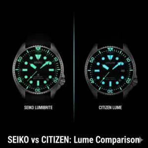 Low light shot of the glowing watch hands and markers, comparing the lume of seiko vs citizen which is better for visibility.