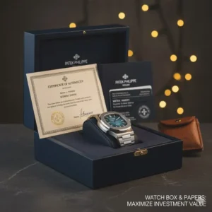A luxury watch shown with its original box and papers, highlighting the importance of full documentation for maximizing the value of top luxury watch brands for investment.