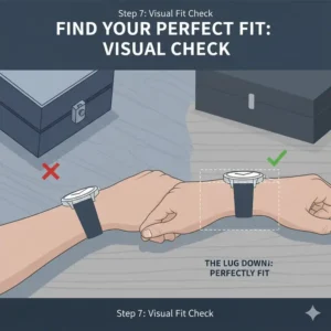 A side-view photo of a correctly sized watch on a wrist, showing that the lugs do not extend past the edges of the wrist, a key visual check for fit.