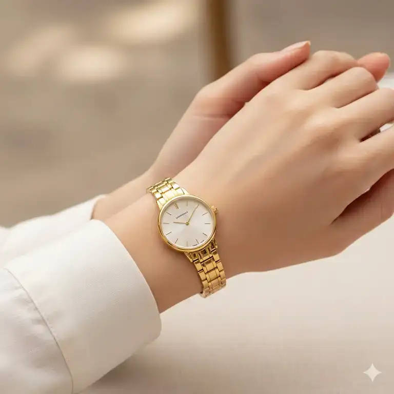 A featured image showing an elegant gold analog watch with a slim bracelet on a woman’s petite wrist, highlighting the best women’s watches for small wrists.