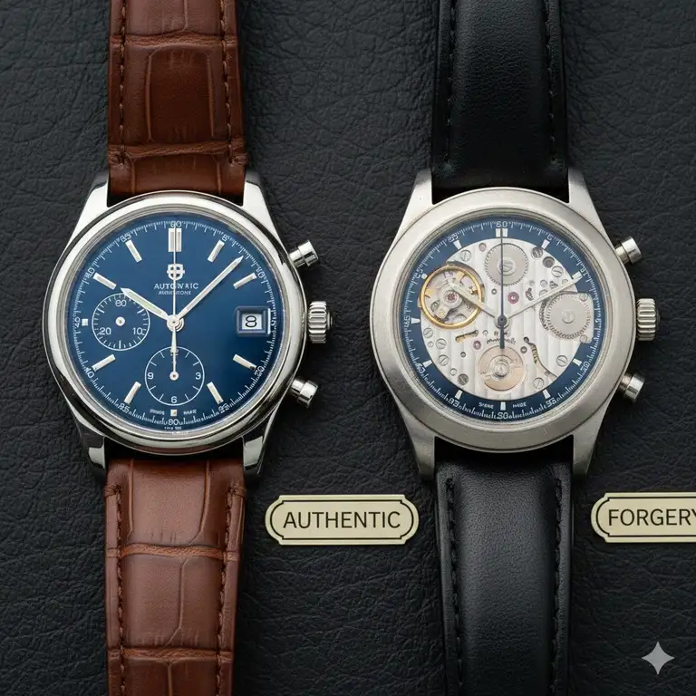 Side-by-side comparison showing a fake luxury watch next to a real luxury watch to illustrate how to identify fake luxury watches and the key differences in craftsmanship and finish.