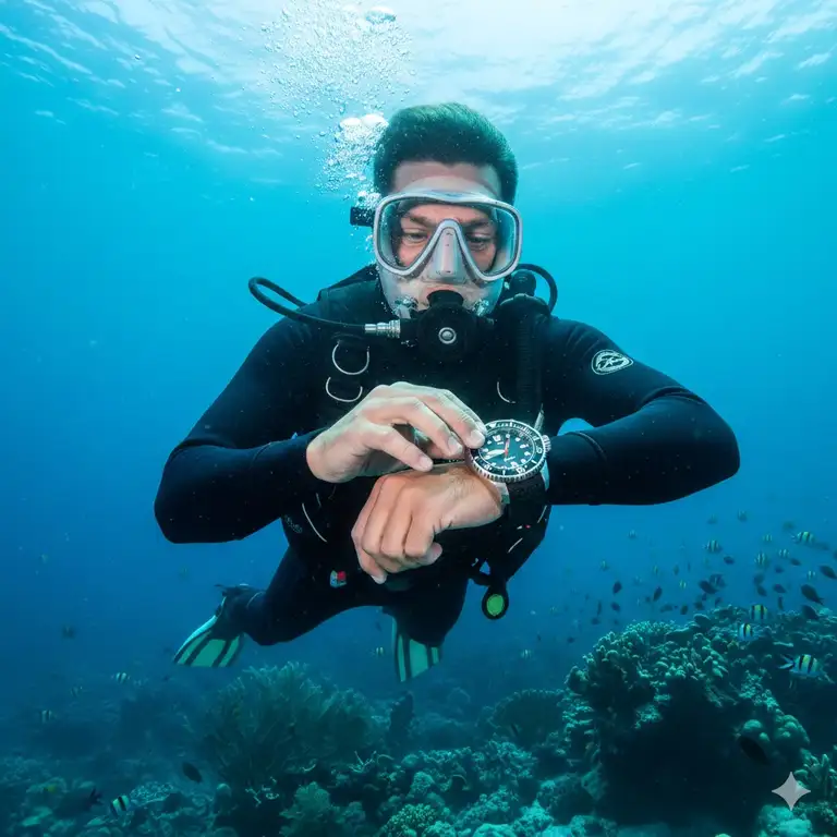 A professional diver wearing a stainless steel dive watch on a black rubber strap, checking the time underwater. This image is the central guide for what to look for when buying a dive watch for diving and water sports.