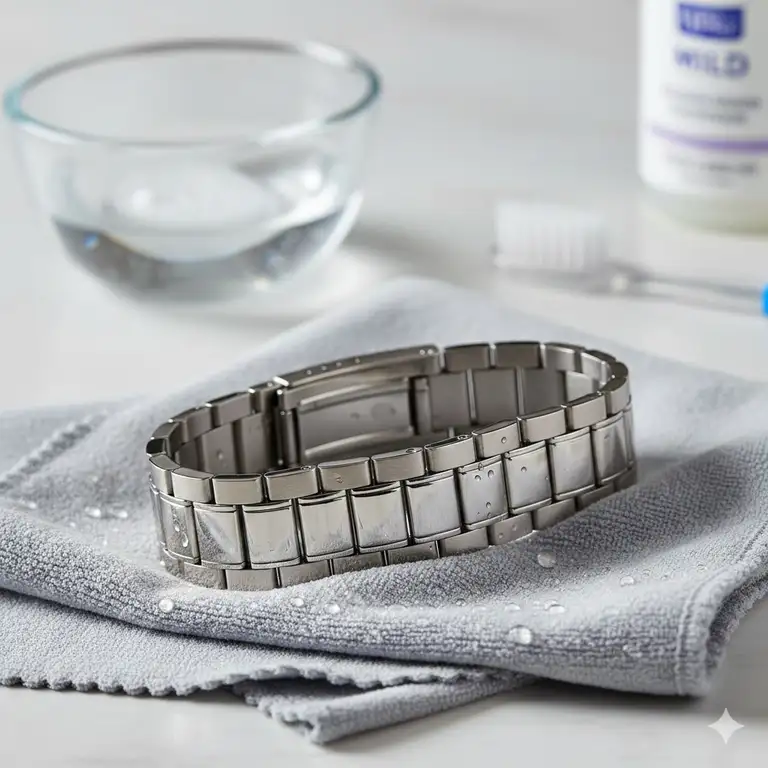 A shiny and professional result of how to clean a stainless steel watch band displayed on a microfiber cloth.