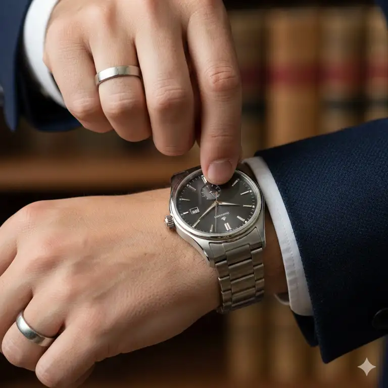 A close-up shot of a man's hand on his wrist, gently turning the crown of a stainless steel automatic watch to show how to wind an automatic watch properly.