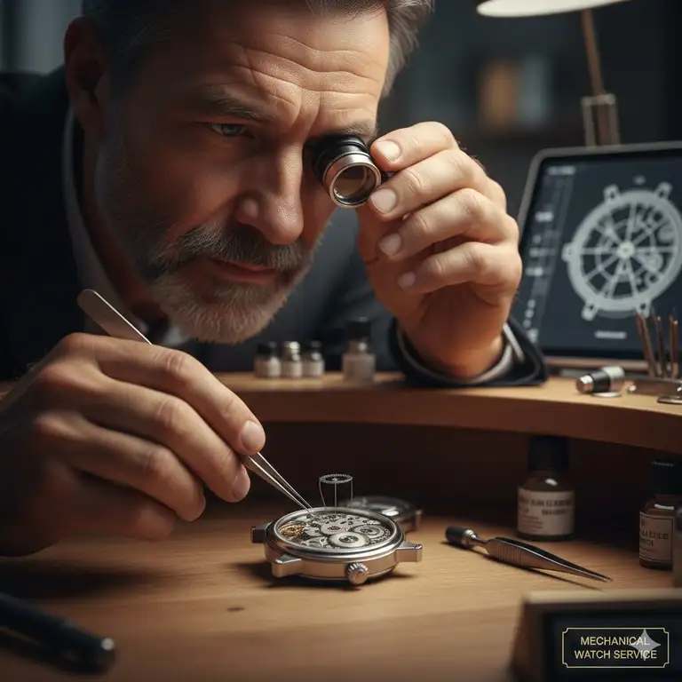 A professional watchmaker inspecting a movement to explain how often should you service a mechanical watch.