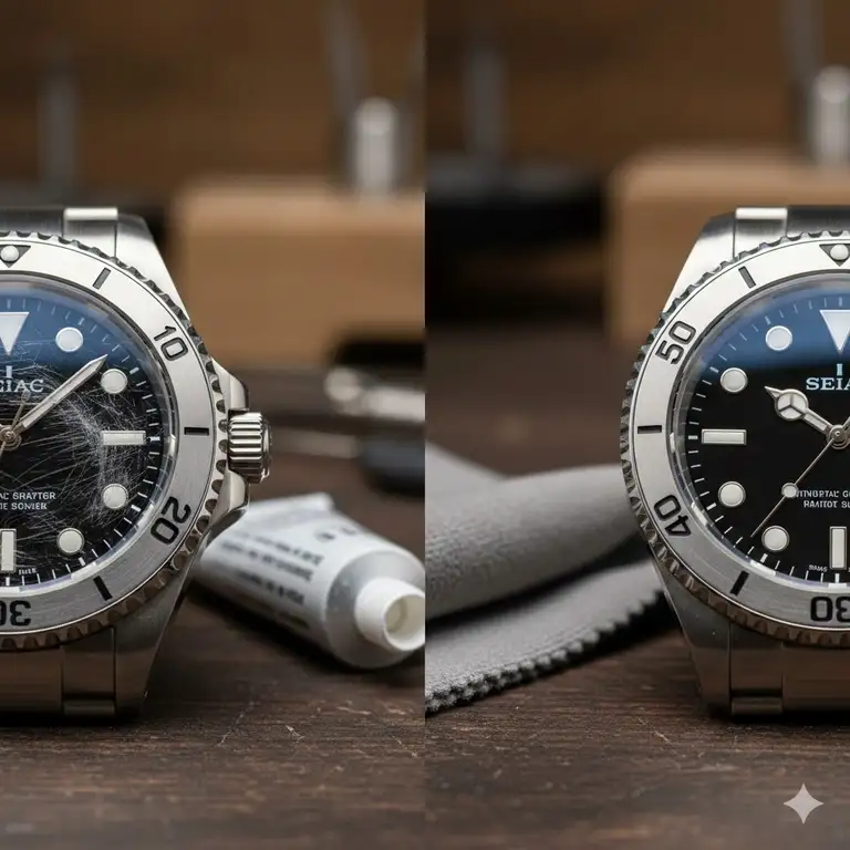 A professional before and after comparison showing how to polish scratches off watch glass effectively.