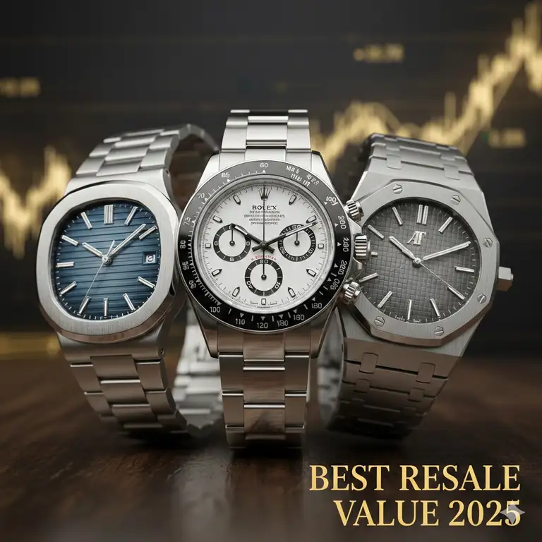 Close-up of the Rolex Daytona, Patek Philippe Nautilus, and Audemars Piguet Royal Oak, the top watches with best resale value 2025.