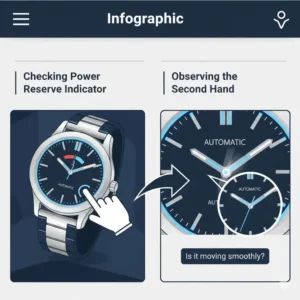 Illustration showing how to check an automatic watch's power reserve indicator or looking at the second hand before learning how to wind an automatic watch properly.