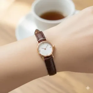 Close-up of a delicate, dainty mini watch with a thin leather strap, one of the best women’s watches for small wrists.