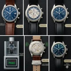 Close-up macro shot of a watch dial and date window, highlighting poor printing and insufficient magnification to show how to identify fake luxury watches by dial quality.