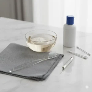 Essential cleaning tools gathered for a guide on how to clean a stainless steel watch band including soap and a brush.