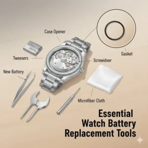Essential tools required for how to replace a watch battery at home including tweezers and a case opener.