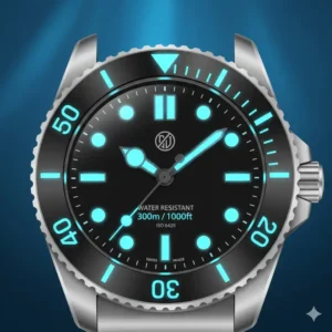 Close-up showing a dive watch with a 300m water resistance rating displayed on the dial. This illustrates the crucial water resistance level, a key factor in what to look for when buying a dive watch.