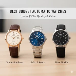A collage of three affordable, well-made budget automatic watches under $500, showing first-time buyers how much should you spend on your first automatic watch for a tighter budget.