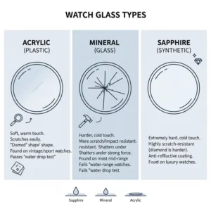Identifying different types of crystals to learn how to polish scratches off watch glass safely.