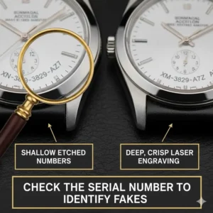 Image showing where to locate and check the serial number engraving on a luxury watch case or lug to verify authenticity and teach how to identify fake luxury watches.