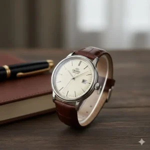 An elegant Orient Bambino dress watch on a leather strap, a highly recommended and affordable option among the best watches for first-time collectors.