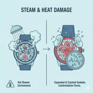 Illustration 2: Diagram showing how hot steam affects gaskets, helping you decide: can I shower with my waterproof watch?