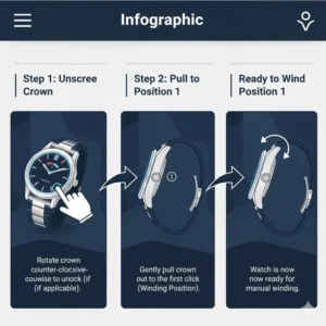 Diagram illustrating the correct steps to unscrew and pull the crown of an automatic watch out to the winding position, the first step for how to wind an automatic watch properly.