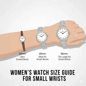 Infographic demonstrating watch case diameter sizes from 20mm to 36mm, illustrating how to choose the best women’s watches for small wrists.