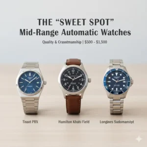 A grouping of quality mid-range automatic watches, demonstrating the price sweet spot for many who are deciding how much should you spend on your first automatic watch.