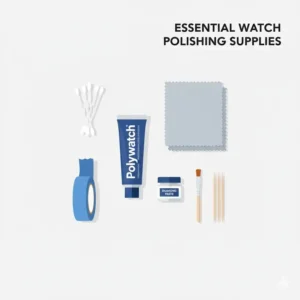 The essential toolkit used in our guide on how to polish scratches off watch glass including Polywatch and cloths.