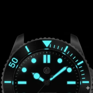 A high-contrast shot of a dive watch dial glowing brightly with blue Super-LumiNova in the darkness. Good legibility and strong lume are non-negotiable features what to look for when buying a dive watch.
