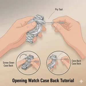 Demonstration of opening the back cover as the first step of how to replace a watch battery at home.