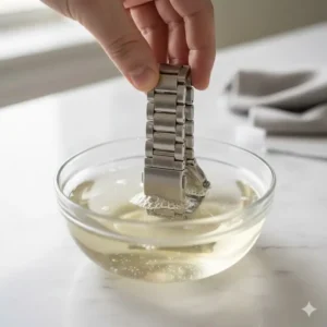 Submerging the metal links in soapy water, an important step in how to clean a stainless steel watch band.