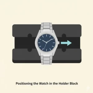 Placing the watch band in a plastic holder as a step of how to resize a metal watch bracelet.