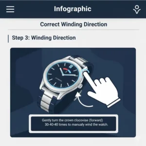 Close-up showing the gentle clockwise turning motion required to demonstrate how to wind an automatic watch properly by hand using the crown.