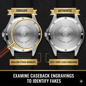 Detailed view of the watch caseback showing the depth and quality of the engravings or stampings, a critical area to learn how to identify fake luxury watches.