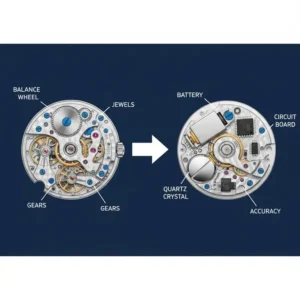A detailed diagram comparing a complex mechanical movement with a simpler quartz movement, helping a user choose the best watches for first-time collectors.