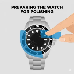 Protecting the watch bezel with tape as the first step of how to polish scratches off watch glass.