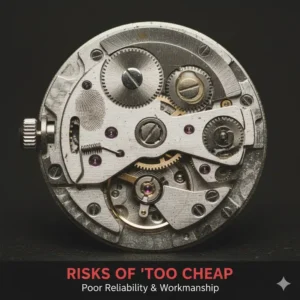 A visual representation of a low-quality watch movement, highlighting the mechanical issues that arise when deciding how much should you spend on your first automatic watch and spending too little.