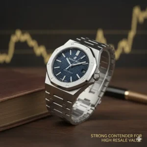 Detailed view of the octagonal bezel and tapisserie dial of the Audemars Piguet Royal Oak, known for watches with best resale value 2025.