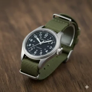 A rugged Hamilton Khaki Field watch on a textile strap, offering durability and legibility, making it one of the best watches for first-time collectors.