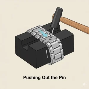 Using a mallet and pin punch during the process of how to resize a metal watch bracelet.