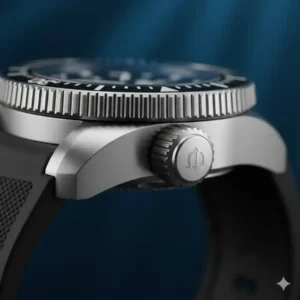 A macro shot of a knurled screw-down crown on a high-quality dive watch case. A screw-down crown ensures a better seal and is a must-have safety feature what to look for when buying a dive watch.