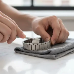 Using a soft toothbrush to scrub the dirt away while following how to clean a stainless steel watch band instructions.