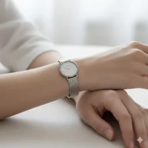 A silver mesh band bracelet watch, a versatile style that is among the best women’s watches for small wrists.