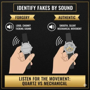 Illustration of a person holding a watch to their ear, demonstrating the technique to listen for movement sound and learn how to identify fake luxury watches.
