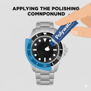 A close-up showing how to polish scratches off watch glass by applying a pea-sized amount of compound.