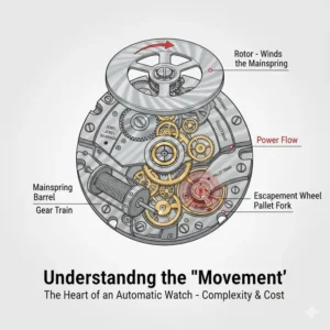 A clear technical diagram of an automatic watch movement, explaining where the cost goes when considering how much should you spend on your first automatic watch in terms of mechanical complexity.