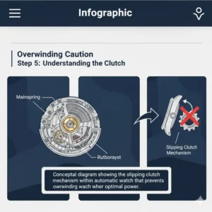 Conceptual diagram showing the slipping clutch mechanism within an automatic watch that prevents overwinding when demonstrating how to wind an automatic watch properly.