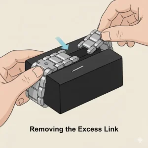 Detaching the extra links to demonstrate how to resize a metal watch bracelet correctly.