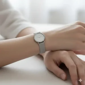 A clean, minimalist dress watch with a simple dial, fitting the criteria for the best women’s watches for small wrists.