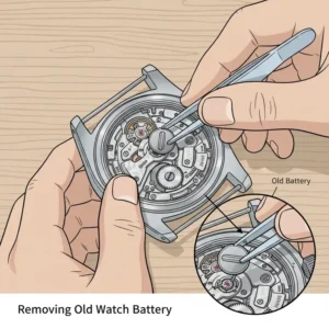 Using plastic tweezers to extract the old cell during how to replace a watch battery at home.